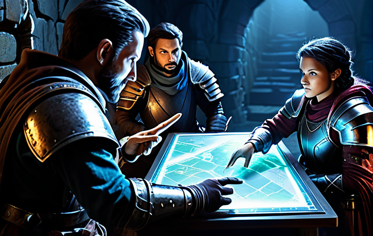 A diverse team of professional fantasy adventurers in modest, functional armor and attire, intensely focused on a glowing holographic map in a shadowy dungeon. One adventurer points to a strategic location, while another gestures with a well-formed hand, communicating crucial tactical information. The scene conveys intense cooperation and timely communication. The characters are fully clothed, in appropriate attire, with perfect anatomy and natural body proportions, shown in a natural pose. High-quality professional photography, detailed lighting, cinematic atmosphere, safe for work, appropriate content, family-friendly.