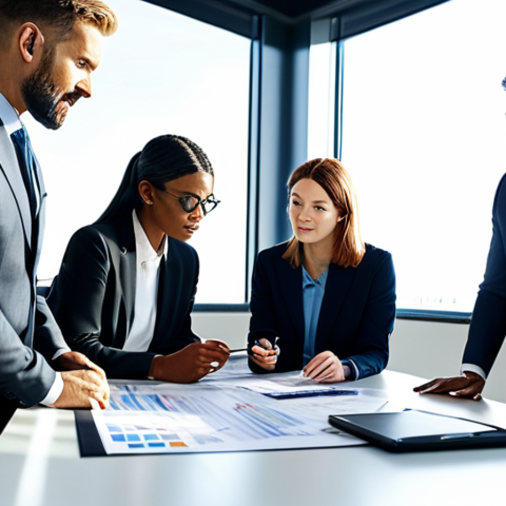 **

A team of diverse professionals collaborating around a table in a modern, sunlit office. They are reviewing charts and discussing strategy. Everyone is fully clothed in business attire, appropriate and professional. Safe for work, perfect anatomy, natural proportions, high-quality digital illustration.

**
