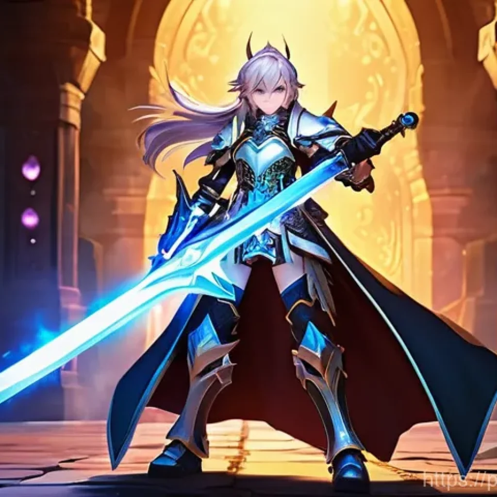 엘소드 각종 전투 모드 공략 - **Prompt:** A highly detailed full-body image of an Elsword character, standing triumphantly amidst ...