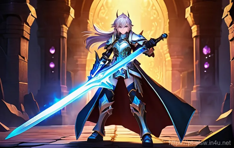 엘소드 각종 전투 모드 공략 - **Prompt:** A highly detailed full-body image of an Elsword character, standing triumphantly amidst ...