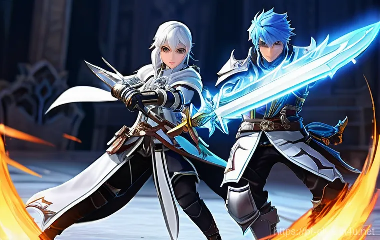 엘소드 각종 전투 모드 공략 - **Prompt:** A dynamic scene depicting a group of three diverse Elsword characters (a male mage, a fe...