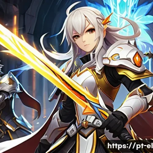 Home 26 엘소드 파티 구성 추천 조합 - An anime-style illustration of a dynamic battle scene in a fantasy dungeon. The Elsword character, D...