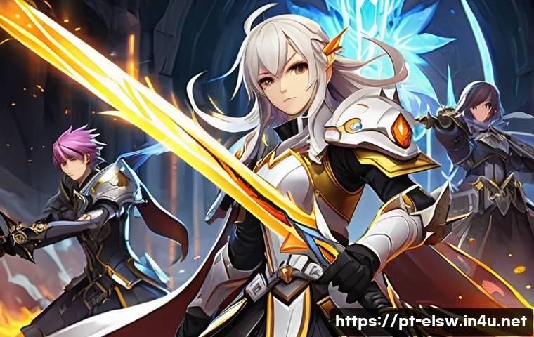 엘소드 파티 구성 추천 조합 - An anime-style illustration of a dynamic battle scene in a fantasy dungeon. The Elsword character, D...